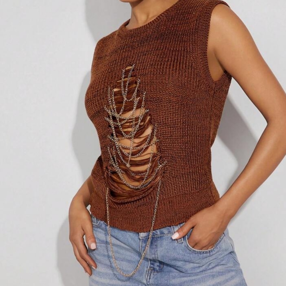 Brown Chain-Embellished Sleeveless Top Size XL